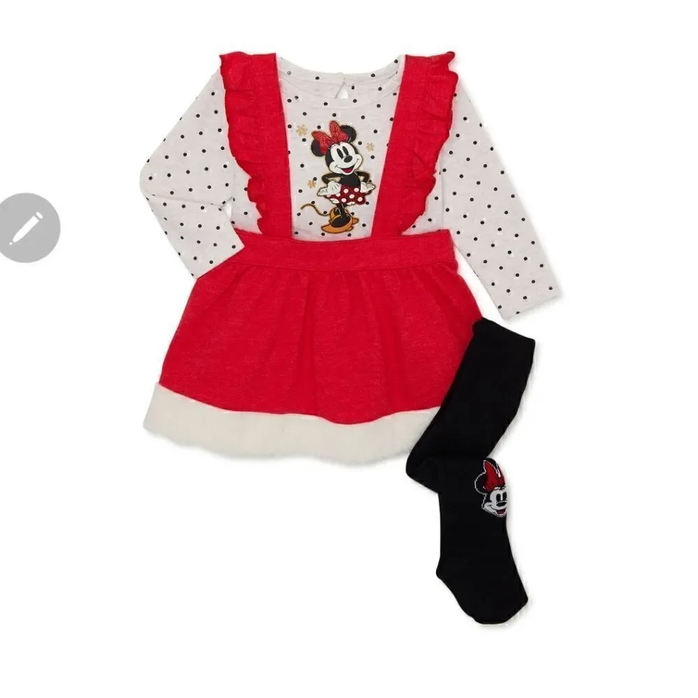 Disney Minnie Mouse Baby Girl Top, Pinafore and Tights Outfit Set, 3-Piece
